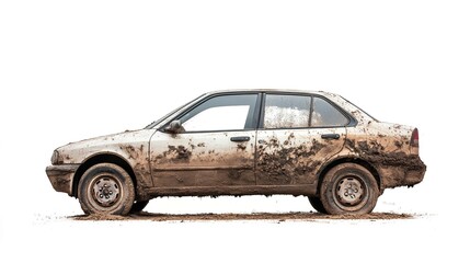 Dirty car covered in dust and mud isolated on a white background, highlighting the vehicle’s unclean state and rugged use. A striking contrast between the car’s dirt-covered exterior 