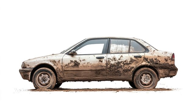 Dirty car covered in dust and mud isolated on a white background, highlighting the vehicle&rsquo;s unclean state and rugged use. A striking contrast between the car&rsquo;s dirt-covered exterior 