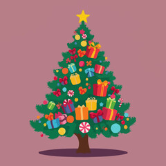 Christmas tree decorated with candy, bells, presents, and stockings