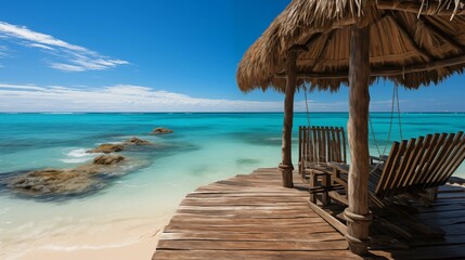 A beach with a wooden structure and a canopy over it