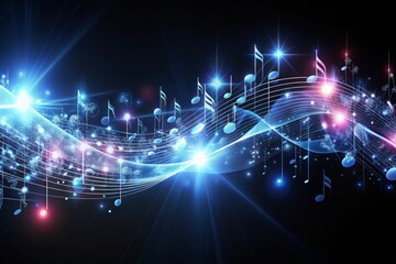 Obraz premium Musical notes in the air, musical note with waves of light and sound concept, Ai