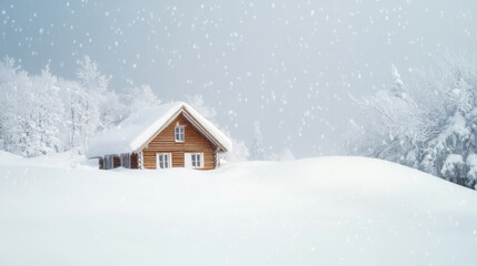 Fototapeta premium A cozy mountain cabin surrounded by snowstorm, creating serene winter landscape.