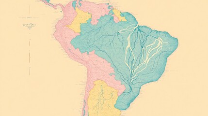 Naklejka premium A minimalist map of South America in pastel colors with simple country borders and river systems faintly outlined