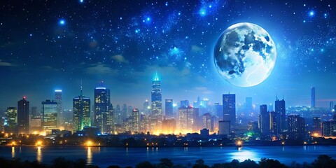 Fototapeta premium A luminous moon, an expanse of glittering stars, and a cityscape bathed in soft, ethereal light