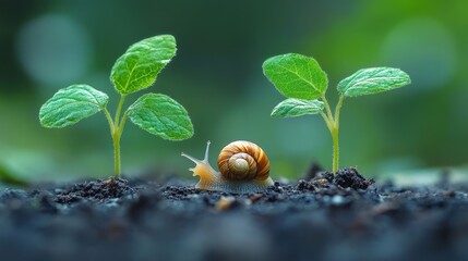 Two small seedlings growing side by side with a snail crawling between them on soft soil. Symbol of nature, growth, and the delicate balance of life in a serene outdoor environment.