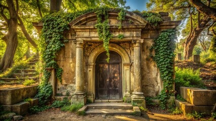 Naklejka premium An Ancient Stone Archway Embraced by Verdant Vines, Leading to a Mysterious Door in a Tranquil Woodland Setting
