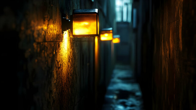 An illuminated alleyway with glowing lanterns, creating a mysterious atmosphere at night.