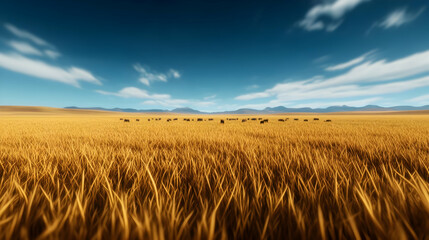Obraz premium Golden wheat field under a bright blue sky with distant mountains, a picturesque rural scene.