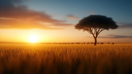 Obraz premium Serene sunset over golden fields with a solitary tree silhouetted against a vibrant sky.