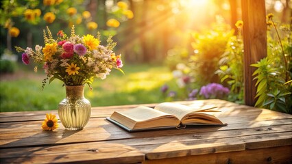A vibrant bouquet of summer blooms in a clear glass vase rests on a rustic wooden table, accompanied by an open book, bathed in the warm glow of the setting sun.