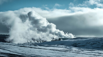Steam rises dramatically from geothermal vents against a striking blue sky, showcasing the power of nature.