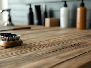 Close-up of a wooden table with grooming tools and products arranged for a stylish look.