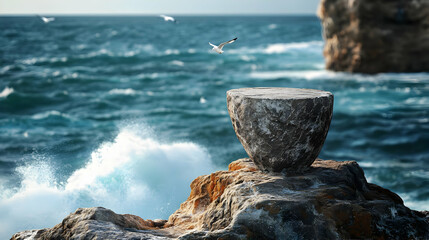 Fototapeta premium A majestic rock formation by the ocean, surrounded by turquoise waters and waves crashing against the rugged coastline.