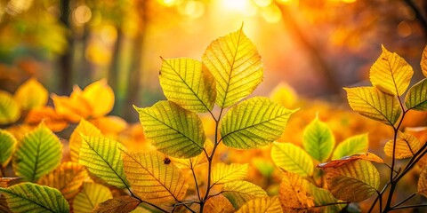 Fototapeta premium Golden Leaves Illuminated by the Setting Sun, a symphony of warmth and nature's vibrant tapestry