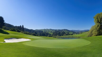 A scenic outdoor golf course with rolling green hills, sand traps, water hazards