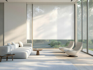 Modern interior design with minimalistic furniture and large windows, providing a bright and airy living space.