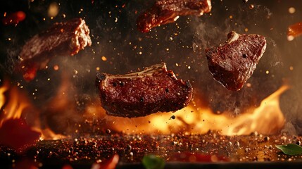 slices of freshly flame grilled steak flying on a dark background with rosemary and seasonings