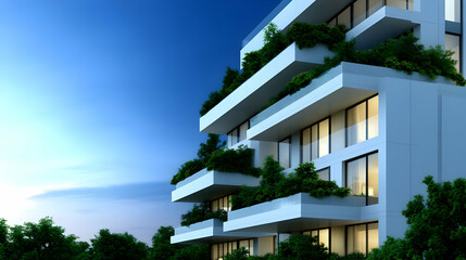 Obraz premium Modern residential building with balconies and greenery against a twilight sky.