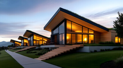 Modern architectural design featuring sleek houses illuminated during sunset.