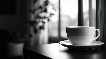 Fototapeta premium A coffee cup on the table in front of the windowsill, black and white image