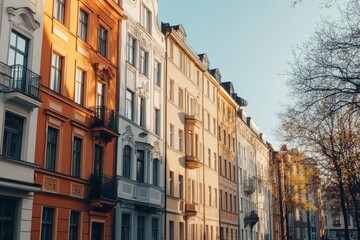 Fototapeta premium Historic european architecture at golden hour: sunlit facades of a classic residential street