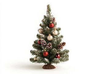 Festive miniature christmas tree with ornaments and pine cones