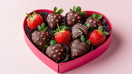 Heart shaped box with delicious chocolate covered strawberries on pink background, top view.