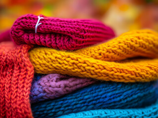 Colorful knitted sweaters stacked, showcasing vibrant textures and warmth.
