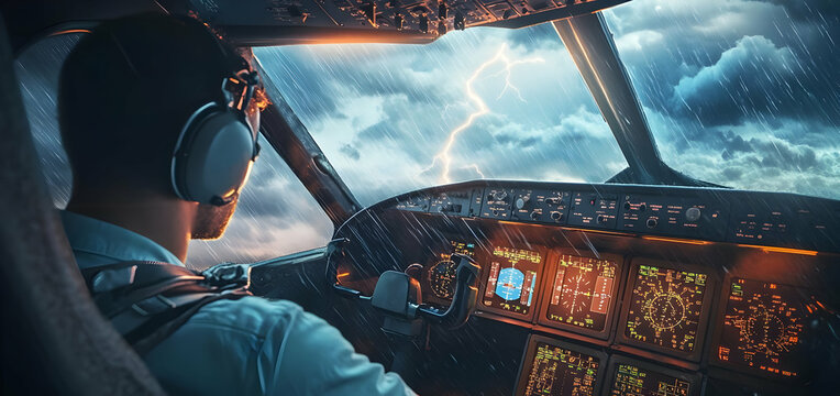 Pilot navigating aircraft through stormy skies, cockpit controls illuminated with vibrant lights.