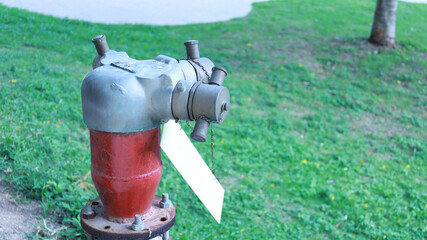 Old fire hydrant. Close-up of a red fire hydrant on the side of a city street on a green lawn...