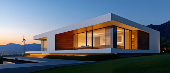 Fototapeta premium Modern architectural design of a home at sunset with large windows and natural surroundings.