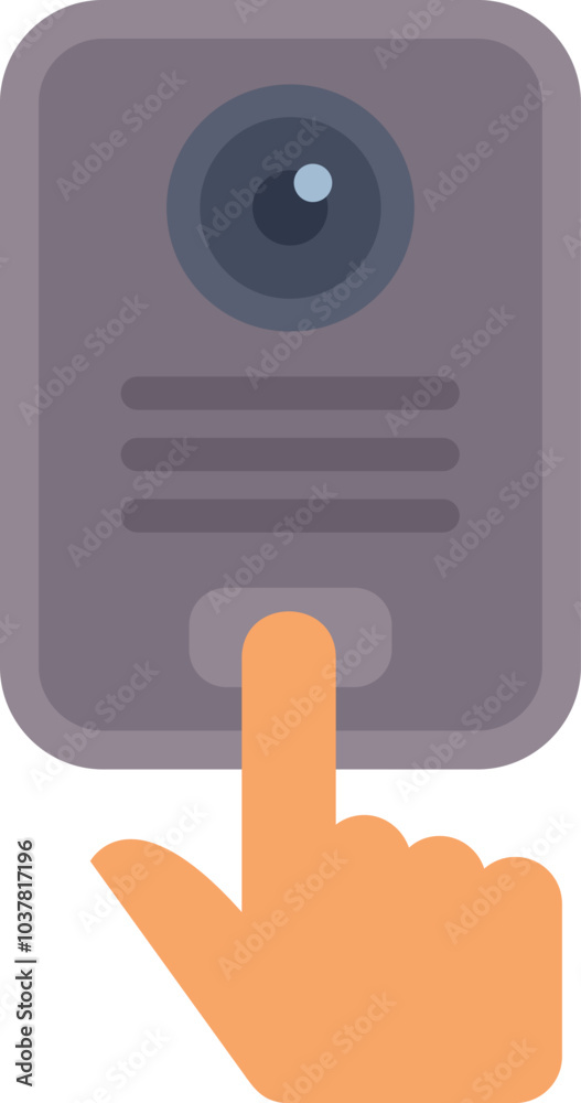 Poster hand is pressing the button of an intercom system with a camera, providing secure access and communi