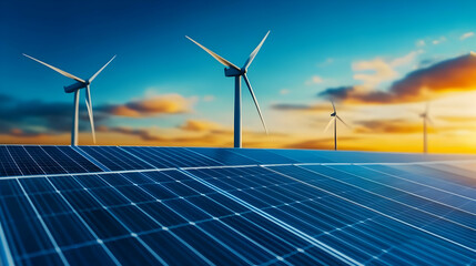 Wind turbines and solar panels at sunset, showcasing renewable energy sources in harmony with nature.