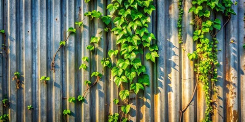 Sunlight illuminates the verdant vines as they climb the weathered corrugated metal surface, a testament to the enduring power of nature's resilience.