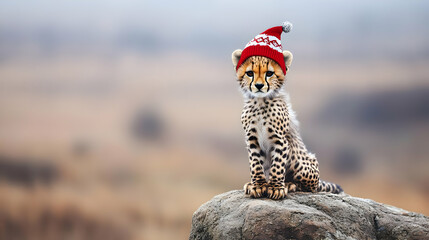 Obraz premium Cheetah wearing a festive Santa hat, sitting atop a rock in a scenic landscape.