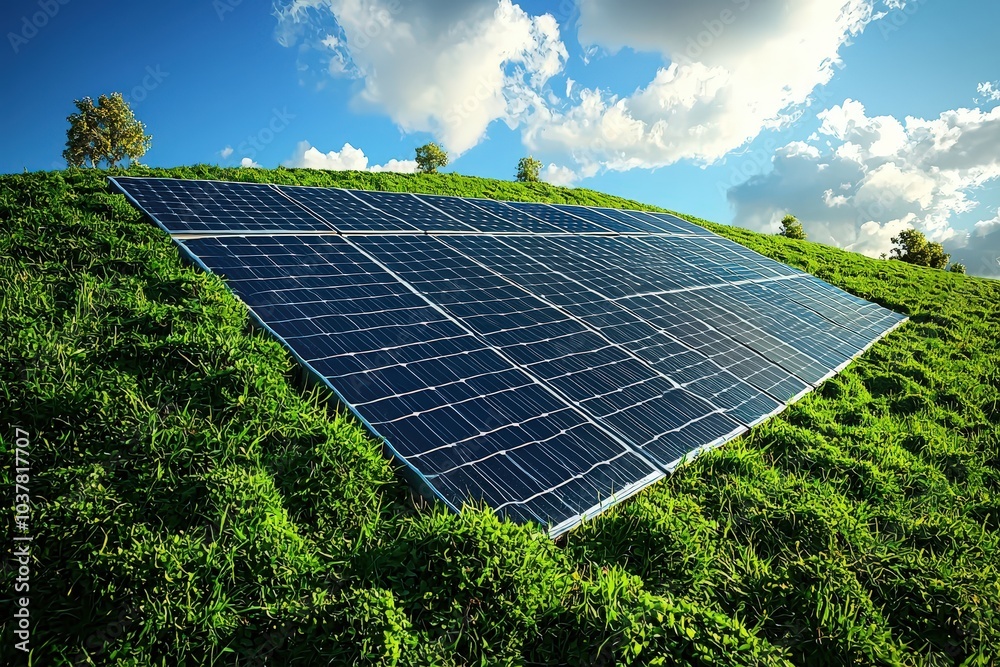 Wall mural solar panels installed on a green hill under a bright blue sky with fluffy clouds.