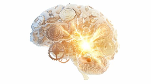 a brain composed of interlocking gears and circuits, with a beam of light illuminating its core
