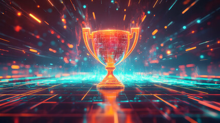 A vibrant digital trophy glowing with neon colors, symbolizing achievement and success in a futuristic environment.