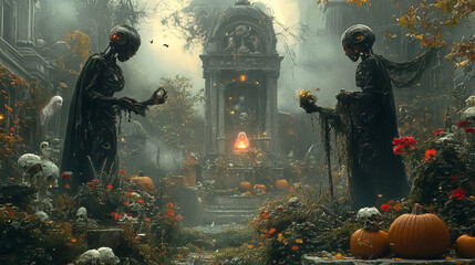 Fototapeta premium horror haunted abandoned Halloween garden at night with horror robots , eerie atmosphere