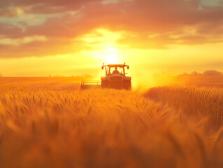 Obraz premium Tractor working in golden wheat field at sunset, creating dust clouds against the warm evening sky.
