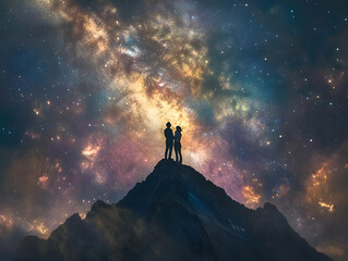 Fototapeta premium A couple stands atop a mountain, gazing at a stunning galaxy filled with vibrant stars and cosmic colors.
