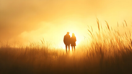 Silhouette of a couple standing together in a field during a golden sunset, surrounded by soft grass and warm sunlight.