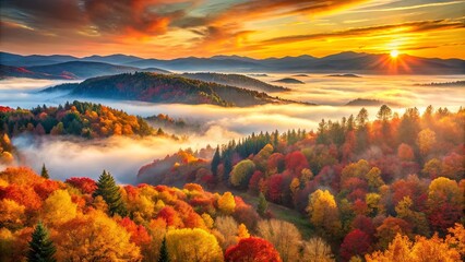 A Misty Autumn Landscape Bathed in Golden Sunlight, With Layers of Foliage in Shades of Red, Orange, and Yellow, Creating a Tapestry of Color Against the Distant Blue Mountains