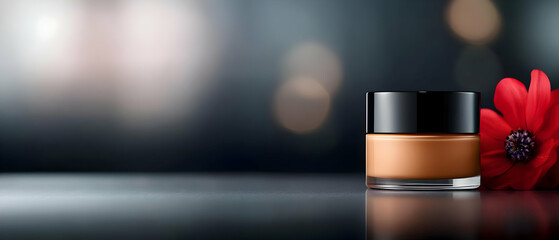 Fototapeta premium Cosmetic jar with a black lid, placed alongside a vibrant red flower, on a softly blurred background.