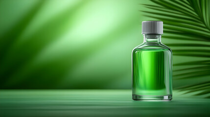 Green liquid in a glass bottle with a silver cap, surrounded by lush green foliage.