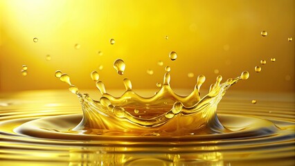 A golden liquid drop creates a crown of swirling ripples as it gracefully enters a placid surface.