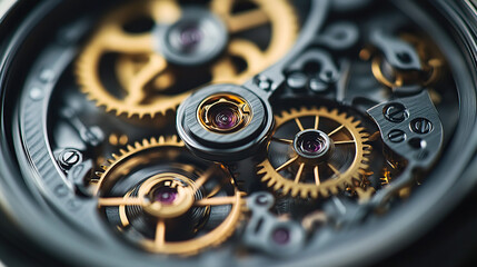 Close-up of the inner gears and movement inside an old watch, symbolizing time management in business photography style