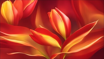 Tulip (Love Confession, Honor)_An abstract background of tulip petals in vibrant reds and yellows, their smooth and glossy curves radiating warmth.
