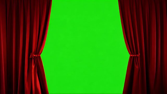 Watch 3D animation video presents red theater curtain opening closing reveal green screen chroma key background captures essence empty view 