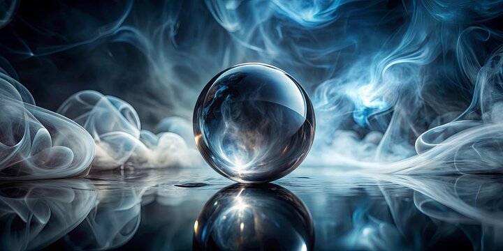 A crystal sphere rests on a reflective surface amidst swirling abstract smoke, a scene of ethereal beauty and mystique